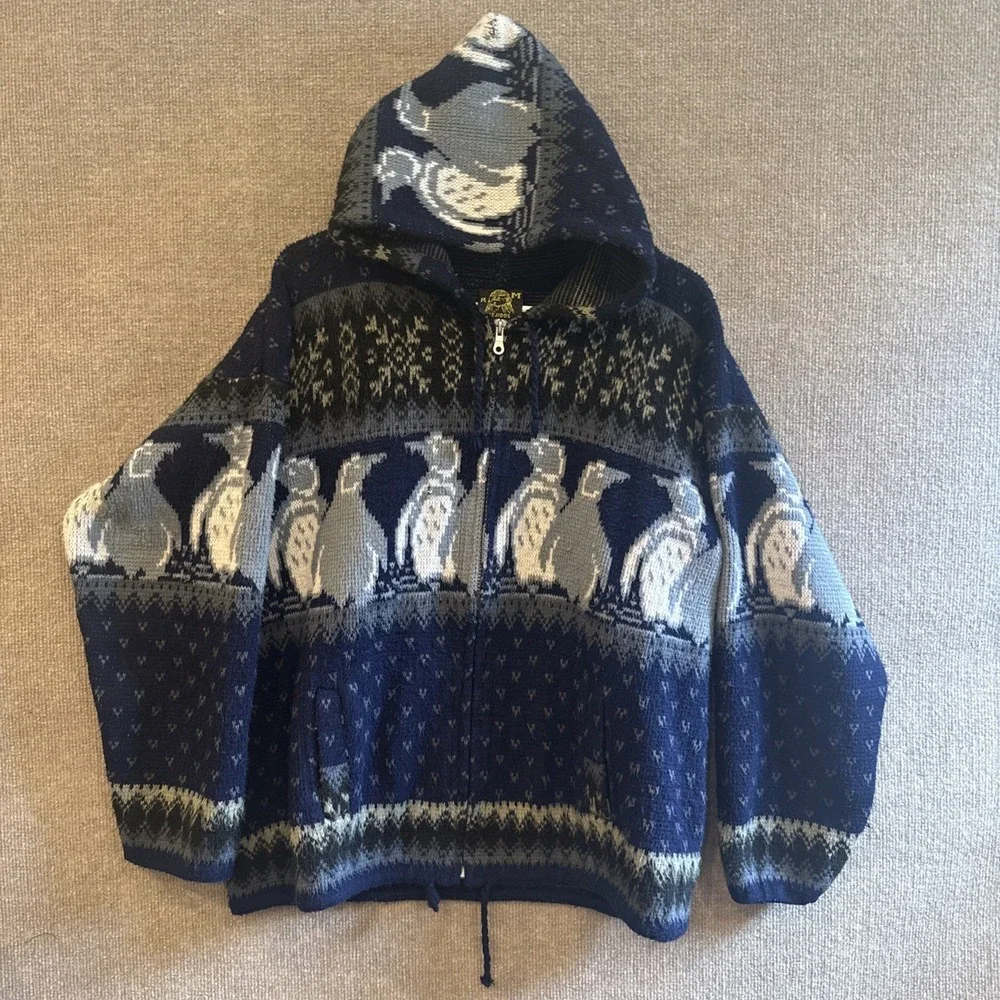 Tejidos Ruminahui VTG Full Zip Hooded Penguin Sweater Size Large Pockets